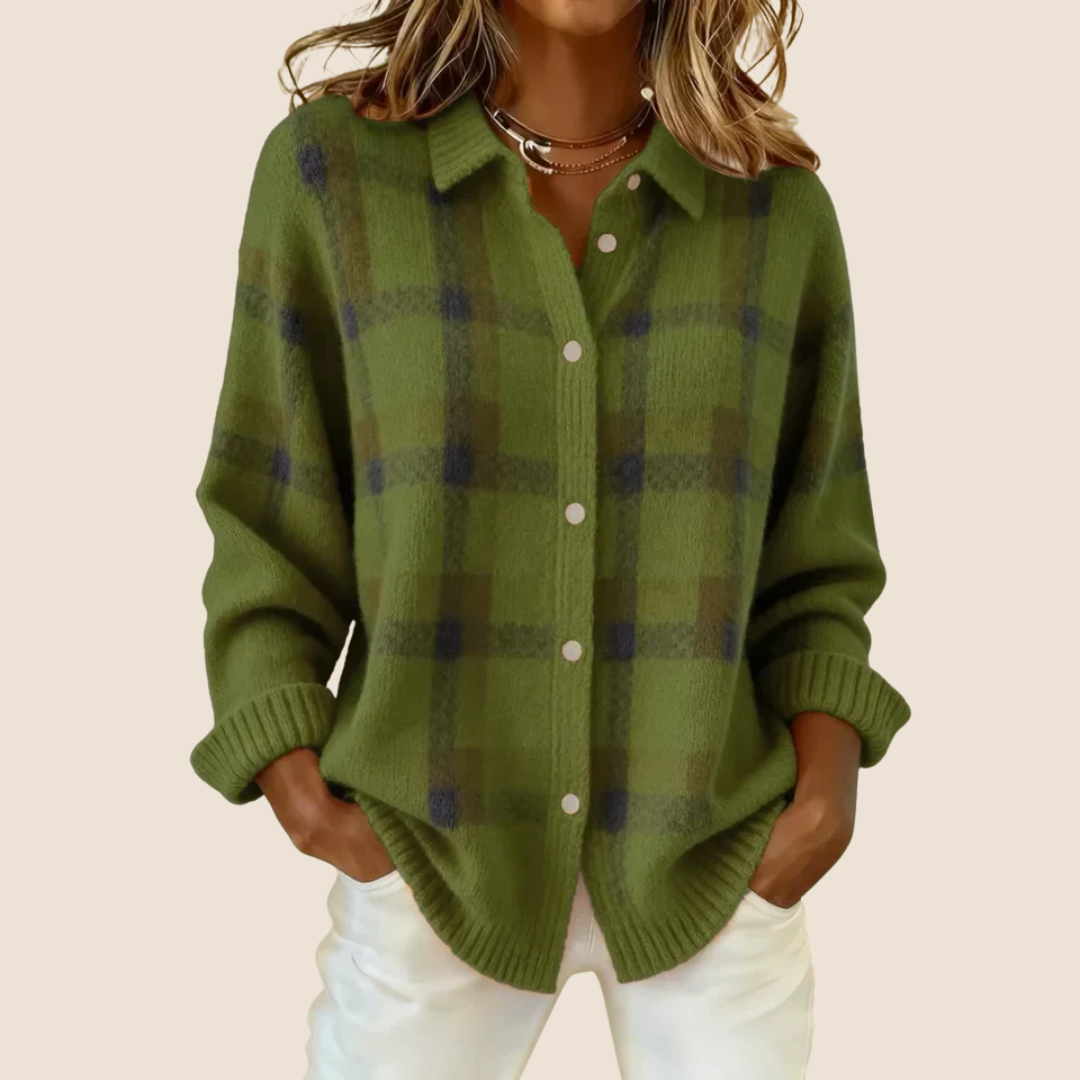 Friendly Retro Check Button Sweater For Women | Elodie