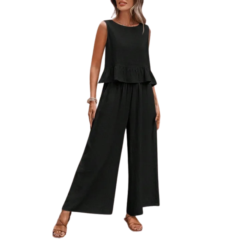 Standout Ruffle Hem Tank Top And Wide Leg Trousers Set For Women | Elenora