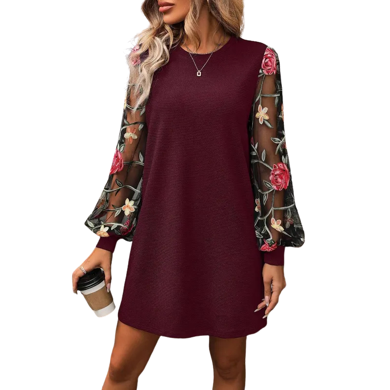 Stately Floral Embroidered Bishop Sleeve Dress For Women | Elisia