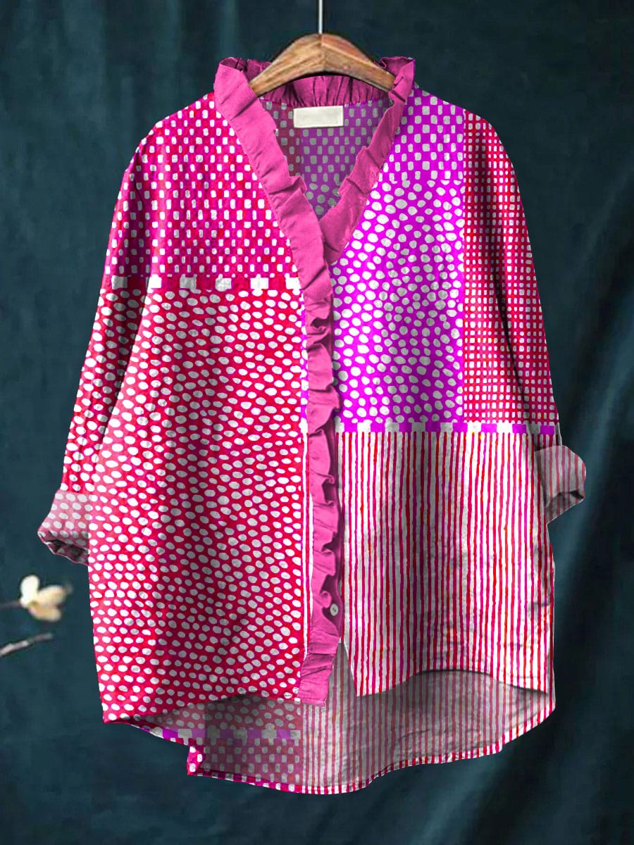 Friendly Patchwork blouse with ruffled neckline for women | Cassandra