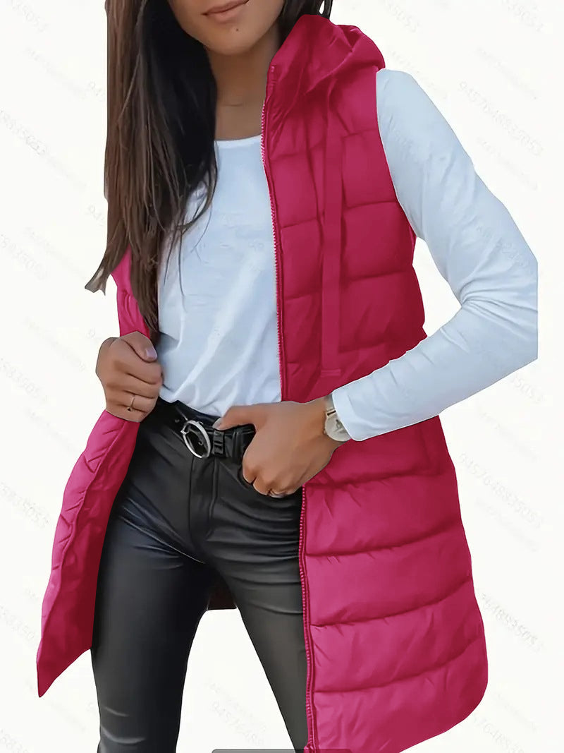 Kensington Casual Sleeveless Hooded Long Puffer Vest For Women | Elowise