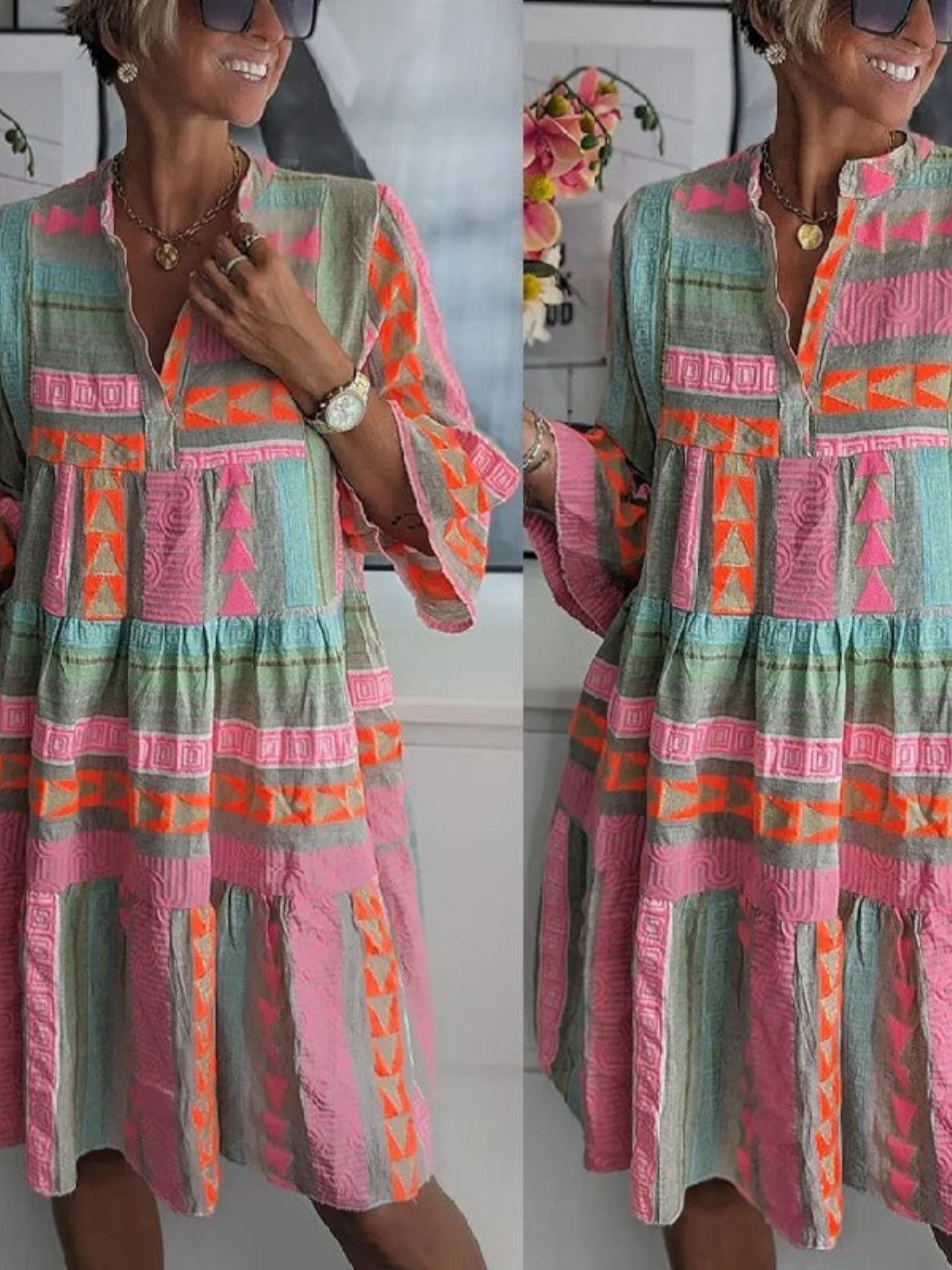 Twinkling Chic V-neck cotton hemp summer dress for women | Ava