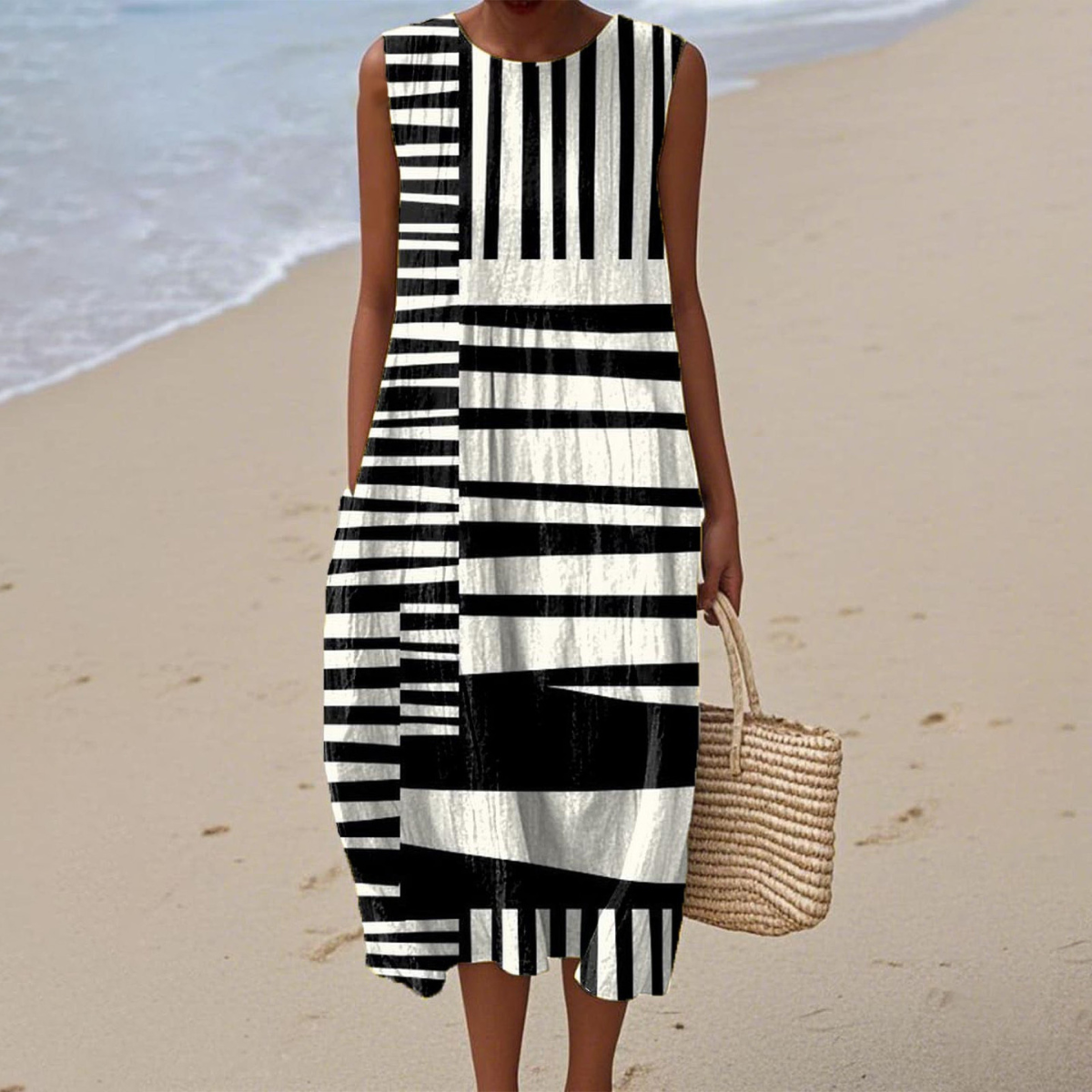 Original Abstract striped dress with flowing silhouette for women | Nerida