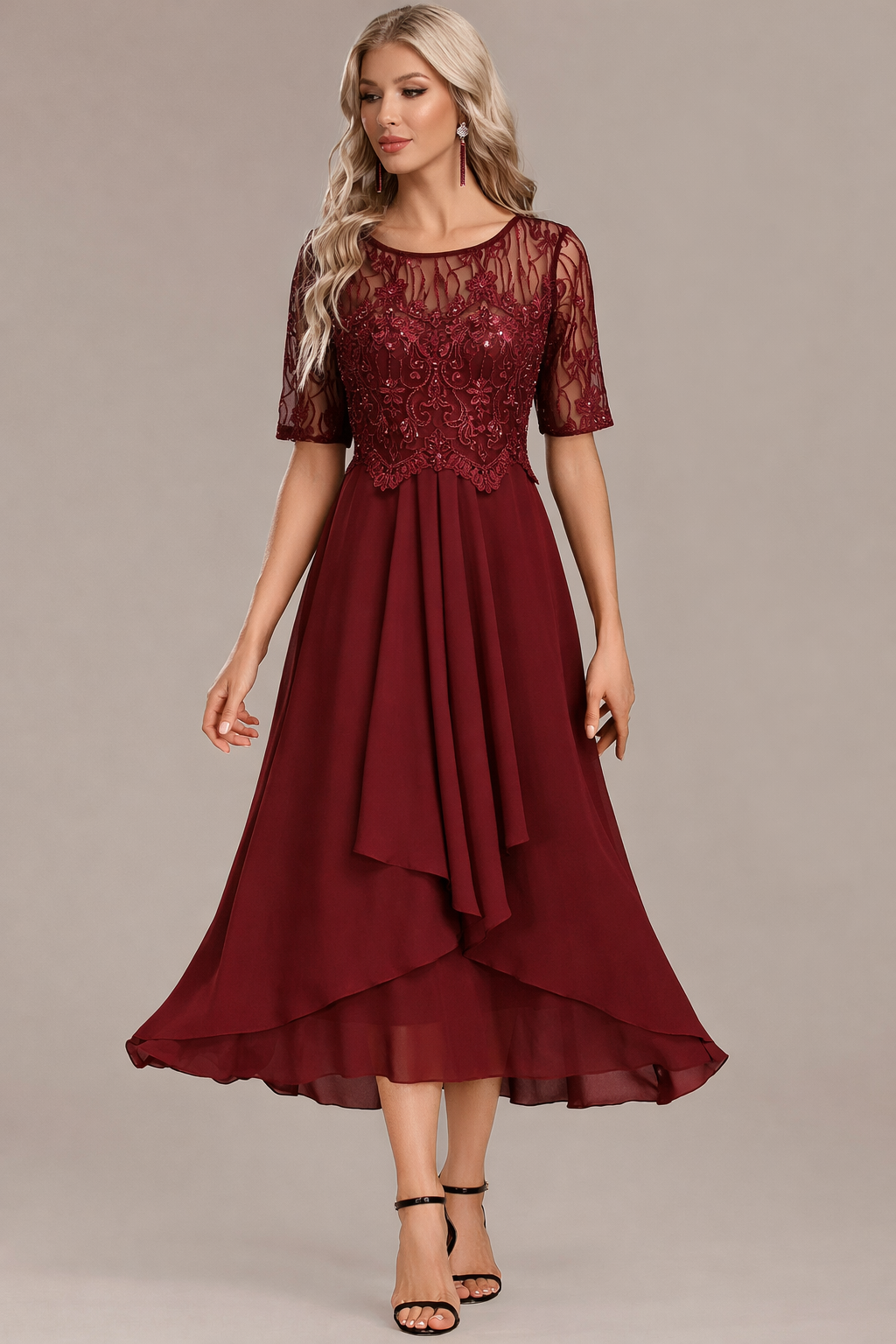 Notable Navy lace short sleeve midi dress for women | Sophie