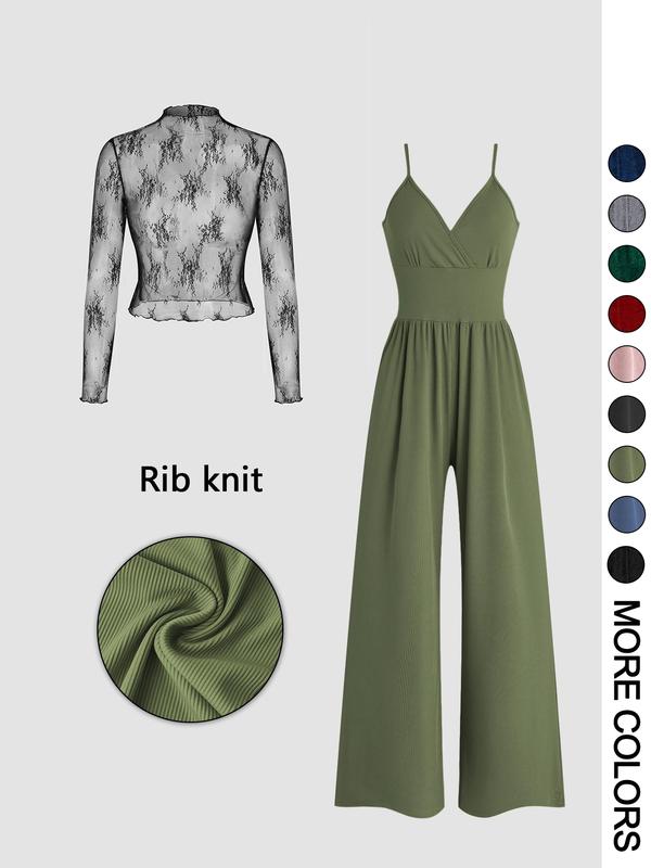 Woodland Lace Sleeve Top And Wide Leg Jumpsuit Set For Women | Soraya