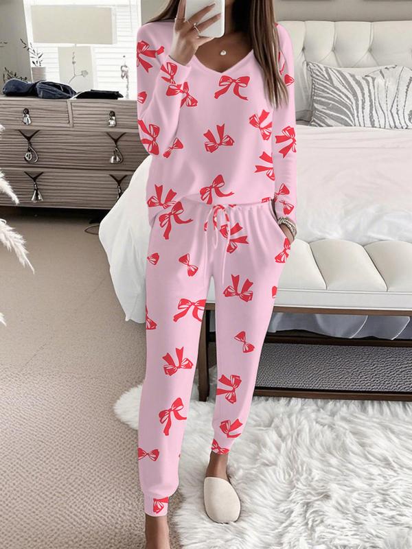 Pintucked Bow Print V Neck Top And Trousers Set For Women | Sandra