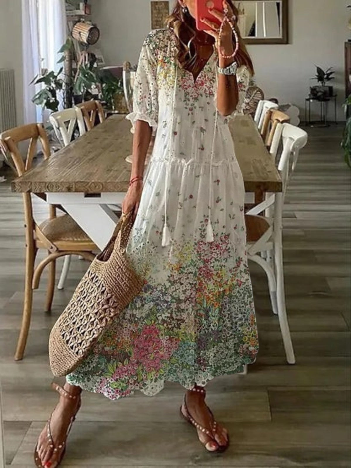 Festive Boho vintage V-neck summer dress for women | Sophia