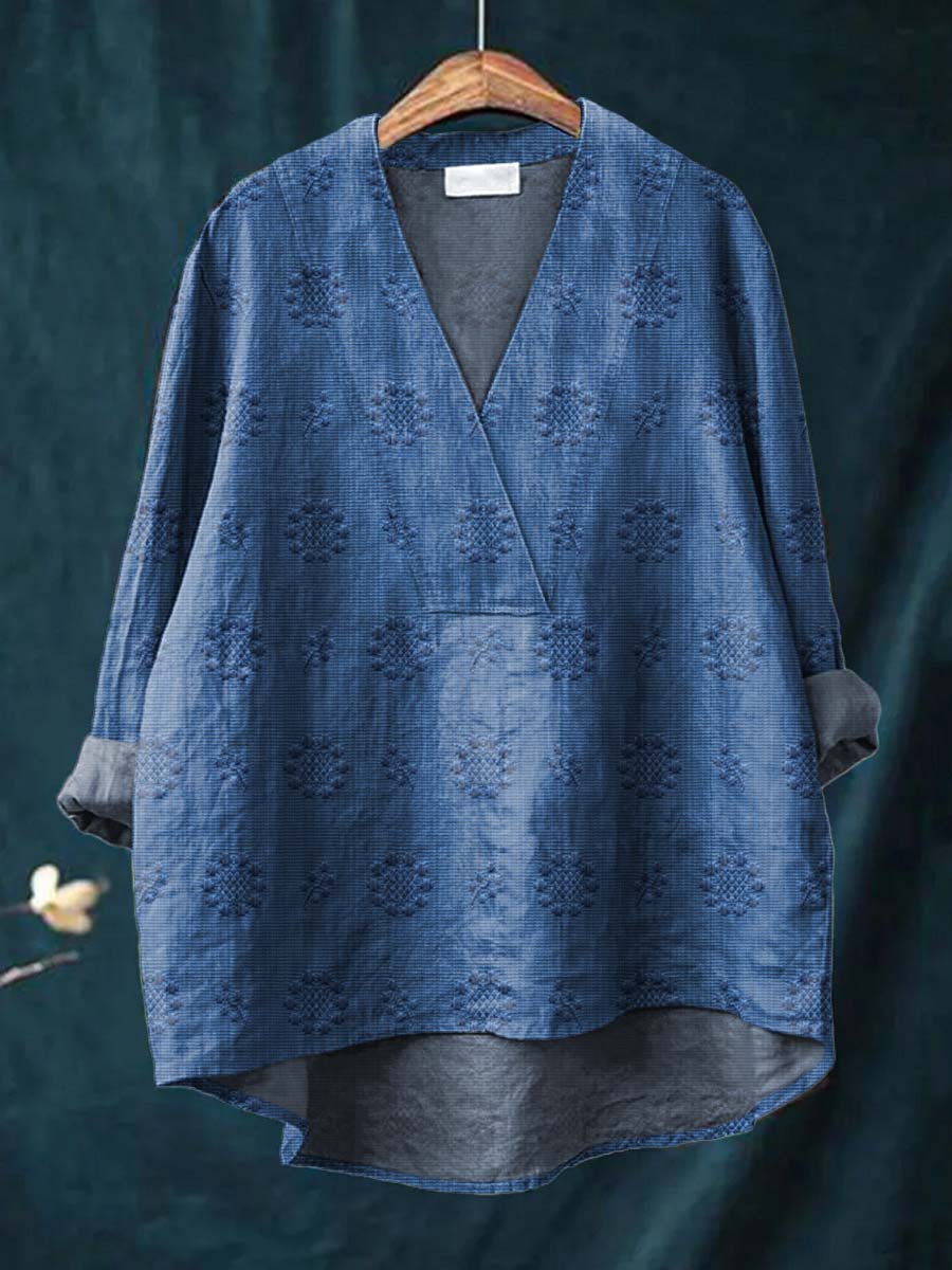 Philosophical Embroidered blouse with V-neck silhouette for women | Cara