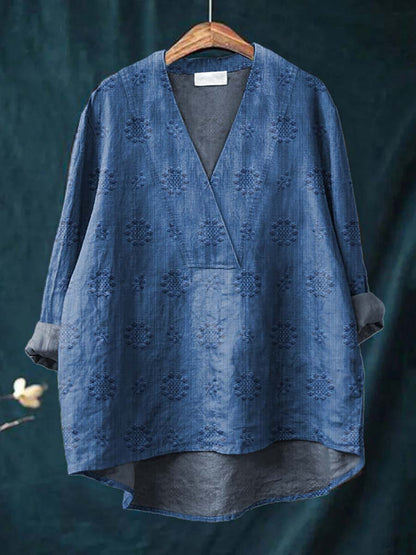 Philosophical Embroidered blouse with V-neck silhouette for women | Cara