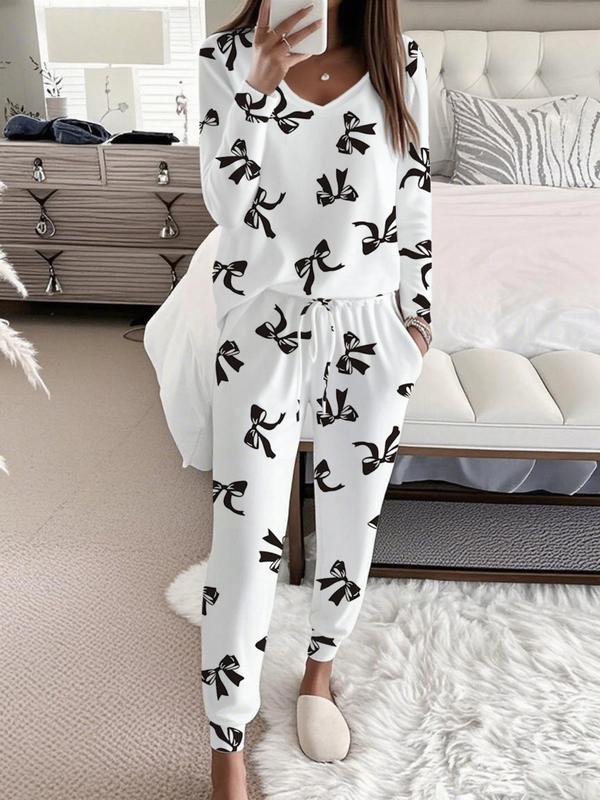 Pintucked Bow Print V Neck Top And Trousers Set For Women | Sandra