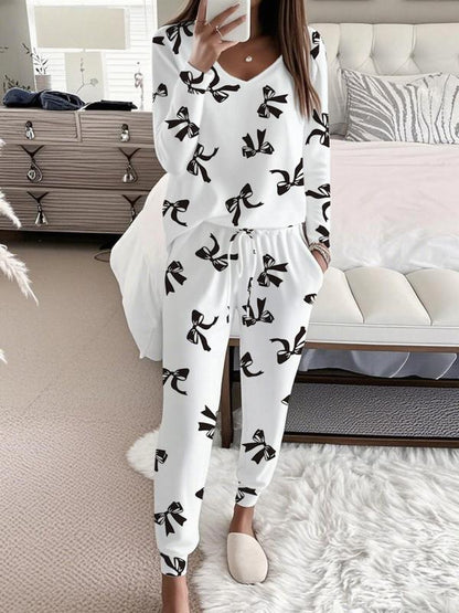 Pintucked Bow Print V Neck Top And Trousers Set For Women | Sandra