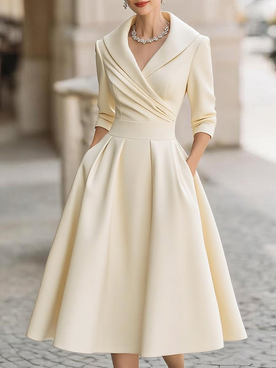 Quintessential Elegant Draped Collar Midi Dress For Women | Ange
