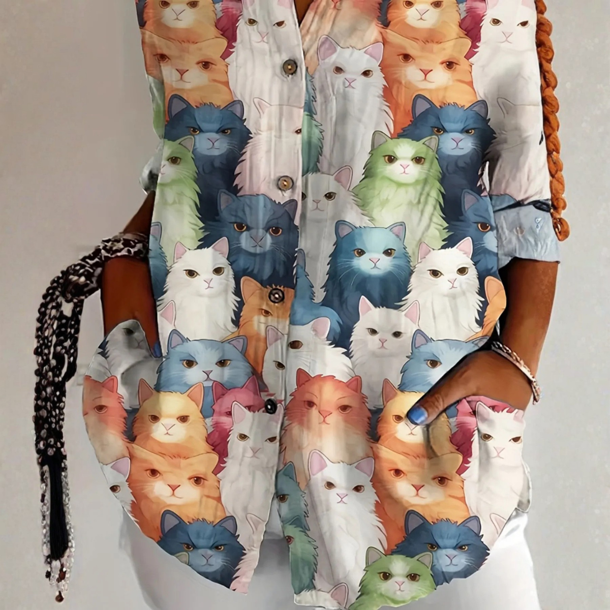 Authentic Cat print blouse with relaxed silhouette for women | Cateline