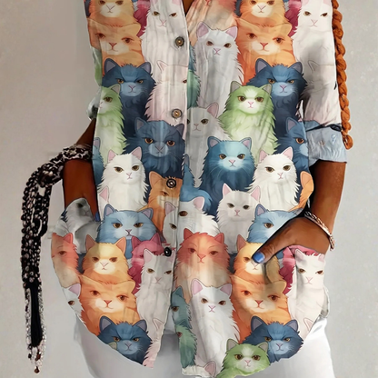 Authentic Cat print blouse with relaxed silhouette for women | Cateline