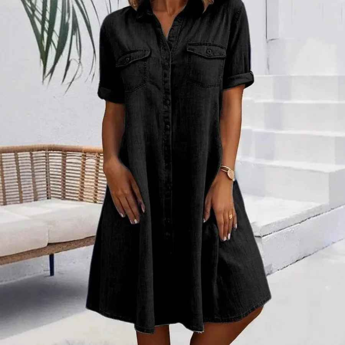 Lasting Casual dress with button neckline and front pockets for women | Ruby