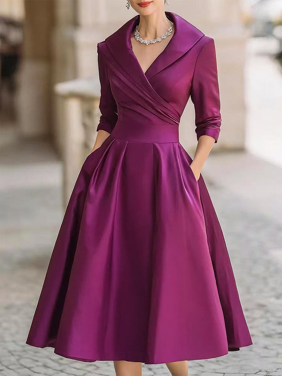 Quintessential Elegant Draped Collar Midi Dress For Women | Ange