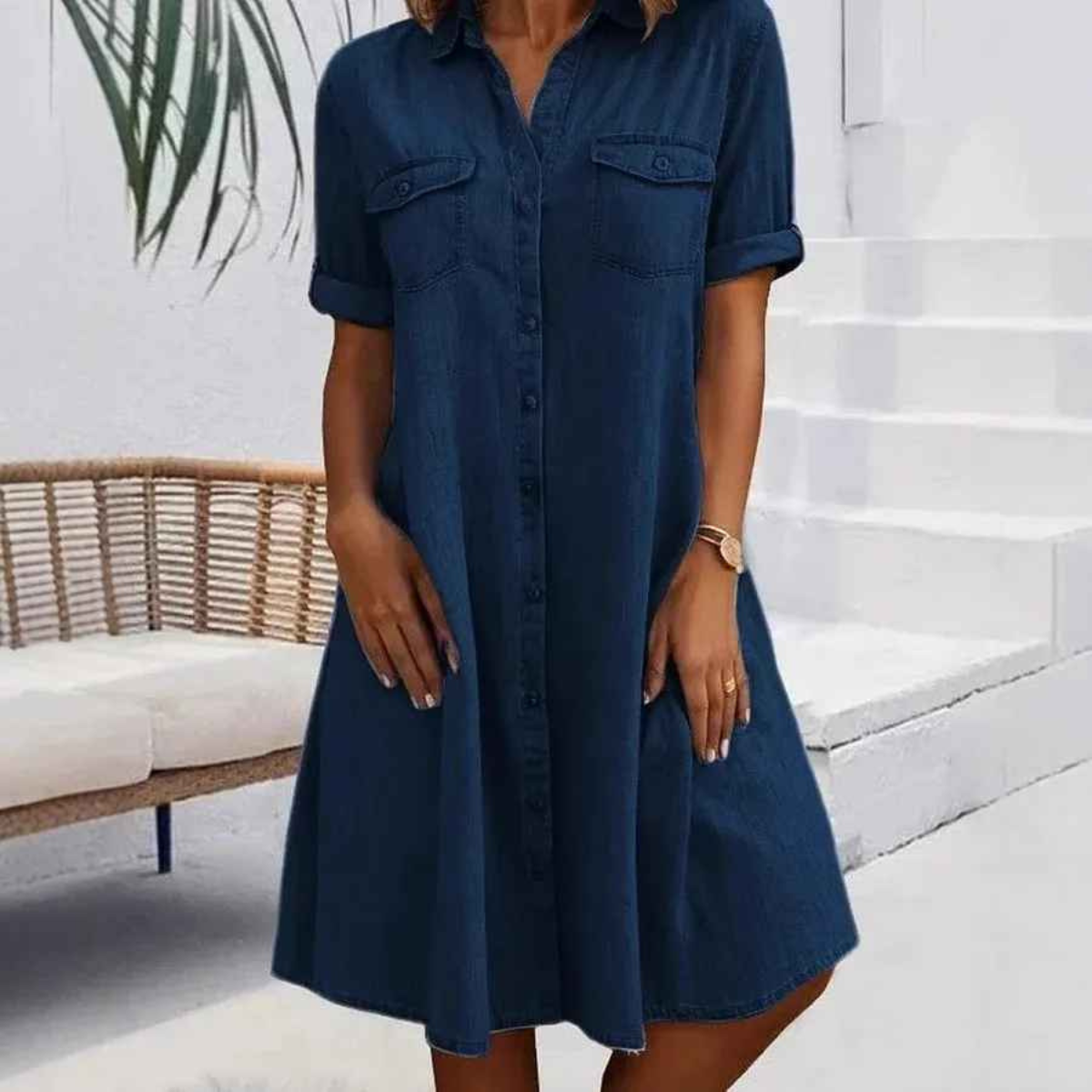 Lasting Casual dress with button neckline and front pockets for women | Ruby
