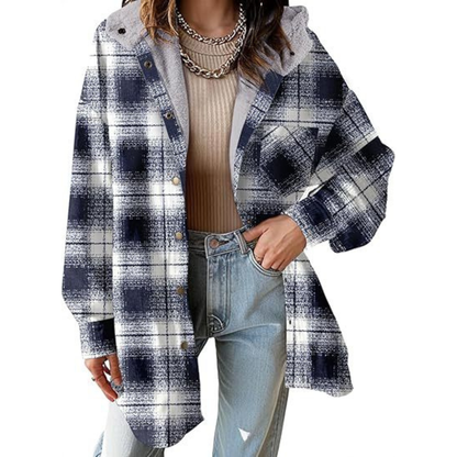 Long Relaxed Fit Hooded Plaid Jacket For Women | Brinley