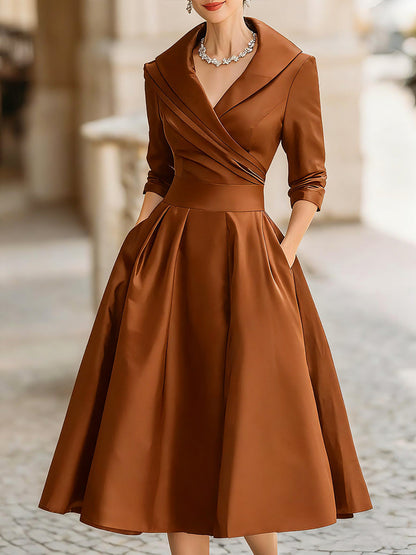 Quintessential Elegant Draped Collar Midi Dress For Women | Ange