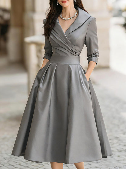 Quintessential Elegant Draped Collar Midi Dress For Women | Ange