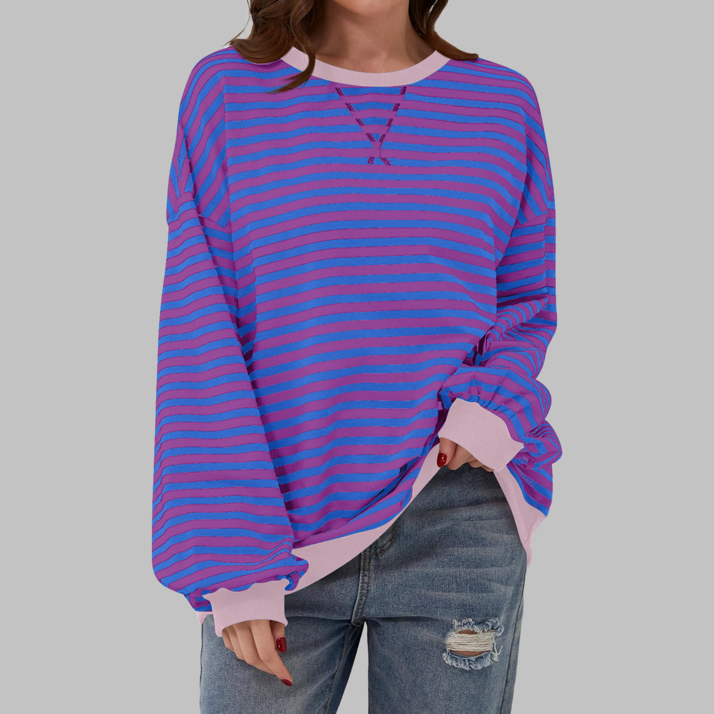 Heath Striped Long Sleeve Round Neck Sweatshirt For Women | Mila