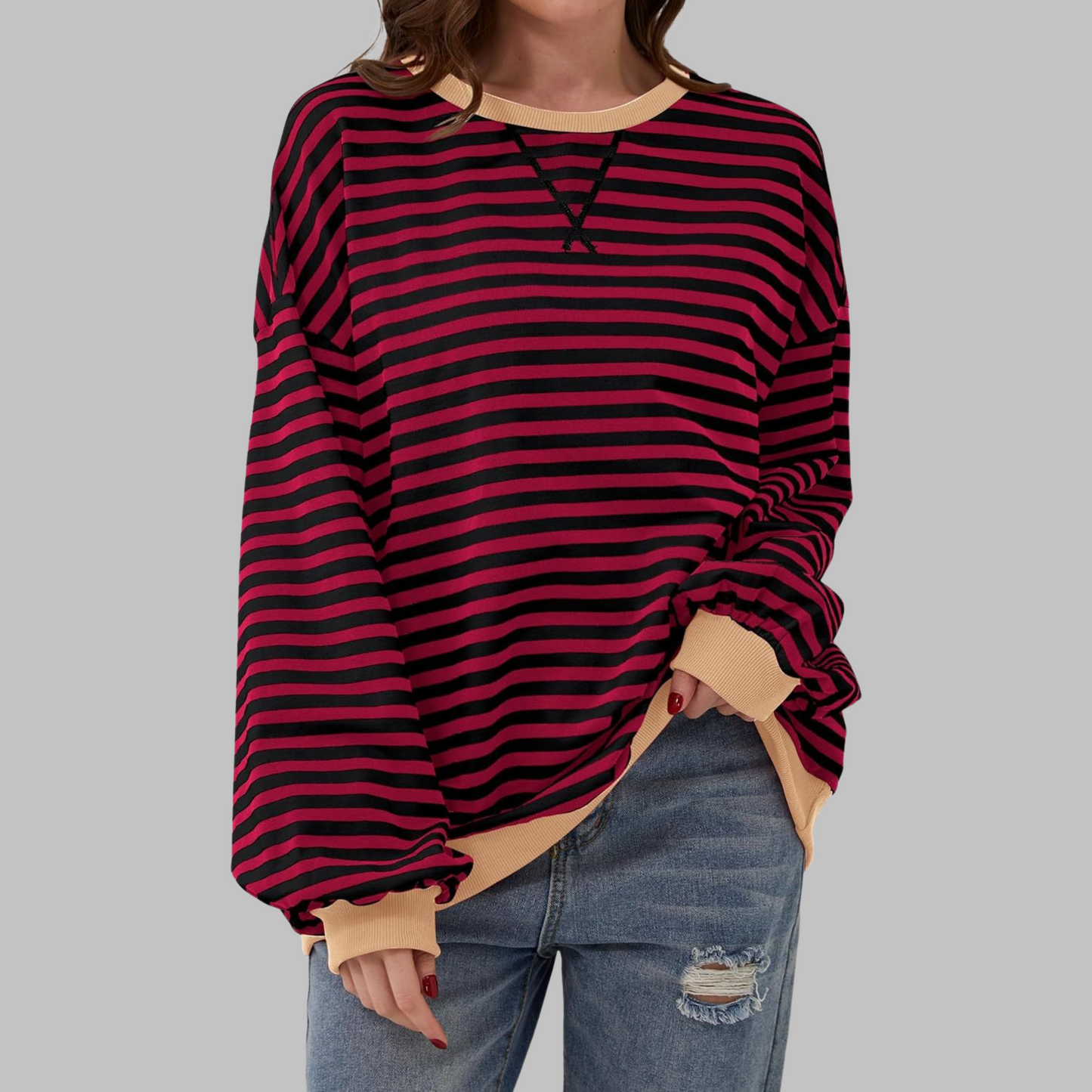 Heath Striped Long Sleeve Round Neck Sweatshirt For Women | Mila