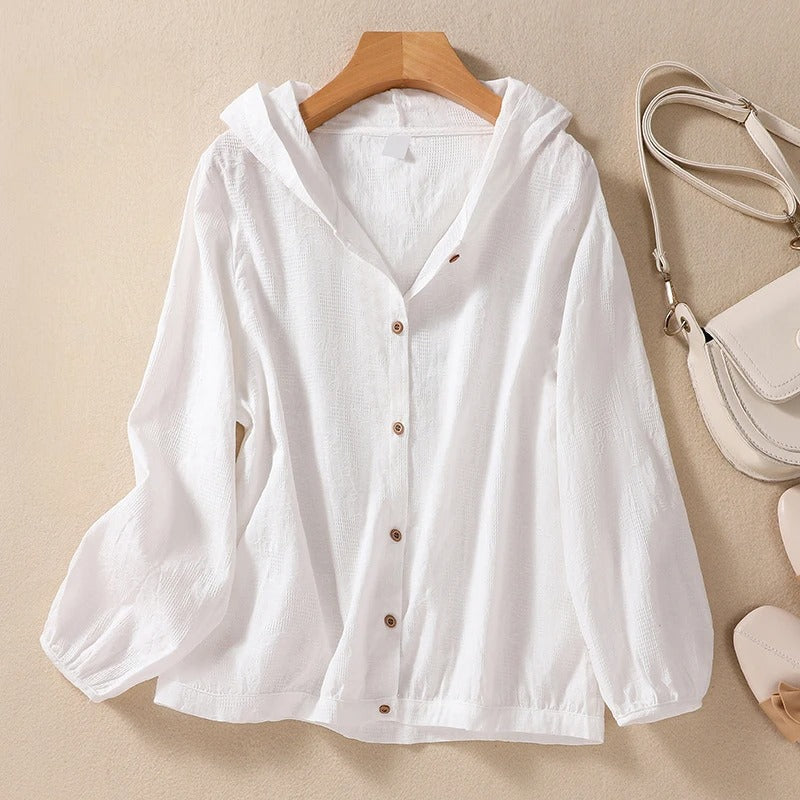 Alluring Lightweight Button Front Hooded Top For Women | Sorella