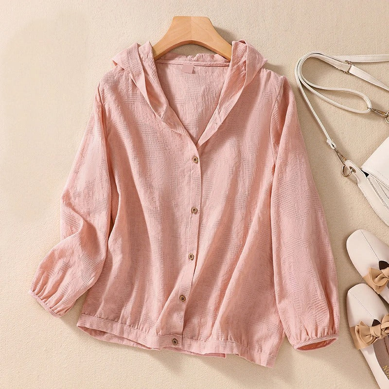 Alluring Lightweight Button Front Hooded Top For Women | Sorella