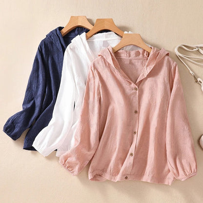 Alluring Lightweight Button Front Hooded Top For Women | Sorella