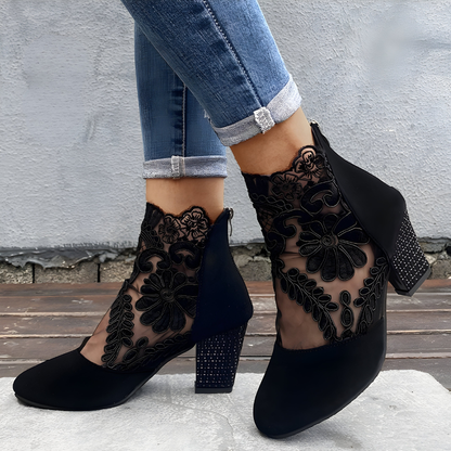 Mediterranean Lace Detail Block Heel Ankle Boots For Women | Valeria