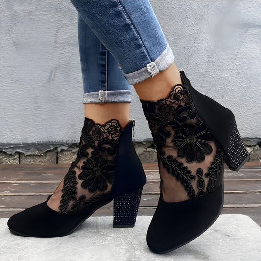 Mediterranean Lace Detail Block Heel Ankle Boots For Women | Valeria