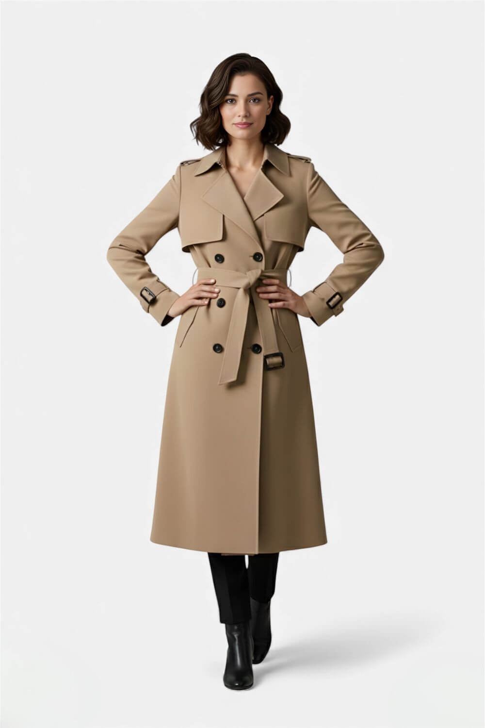Nurturing Belted long trench coat with double-button front for women | Caurelle