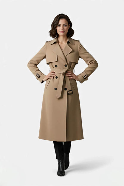 Nurturing Belted long trench coat with double-button front for women | Caurelle