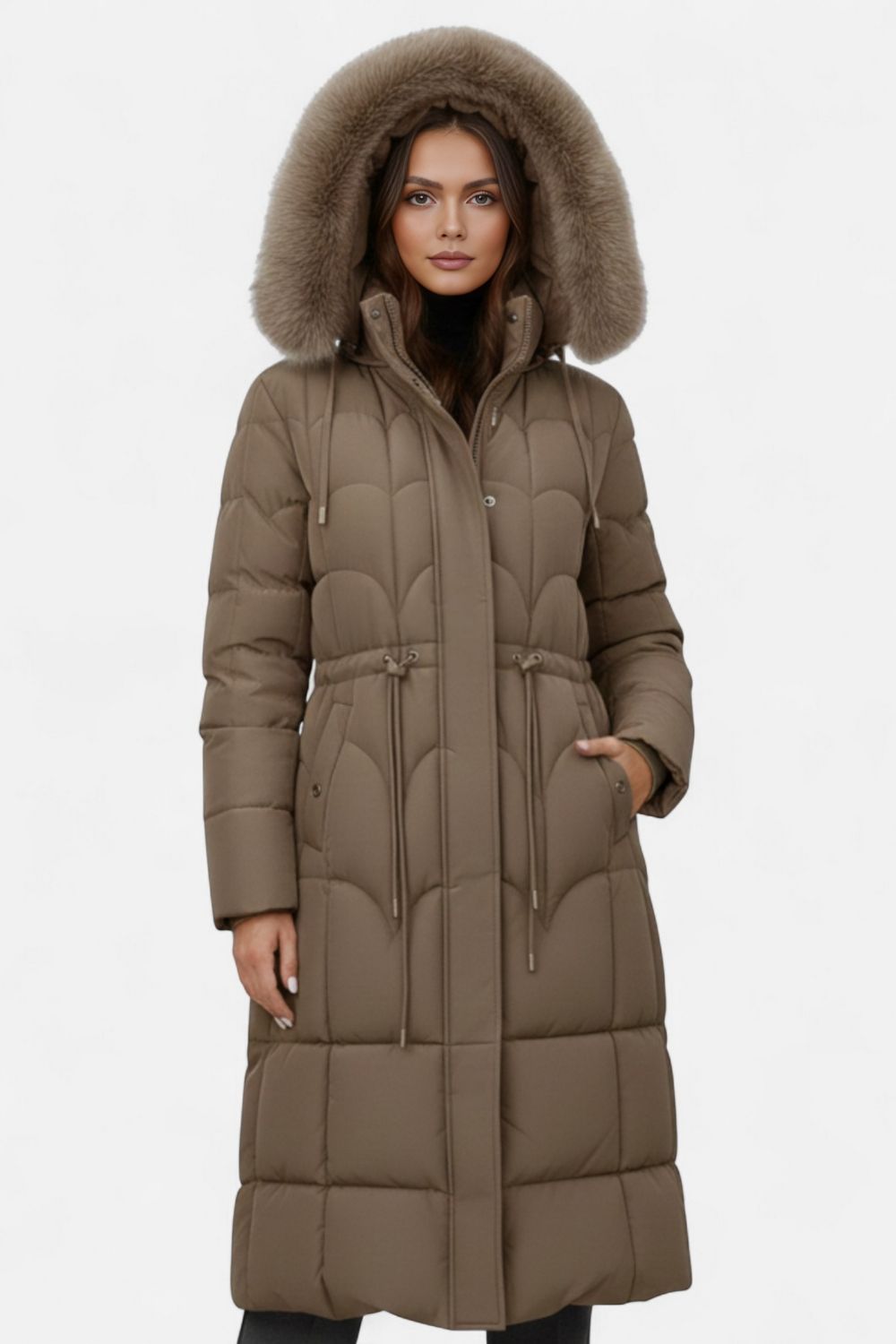 Energizing Long puffer coat with hood and adjustable waist for women | Caurelle