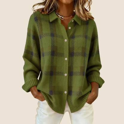 Friendly Retro Check Button Sweater For Women | Elodie