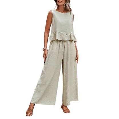 Standout Ruffle Hem Tank Top And Wide Leg Trousers Set For Women | Elenora
