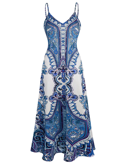 Buttoned Boho Floral Print Sleeveless Dress For Women | Maravelle