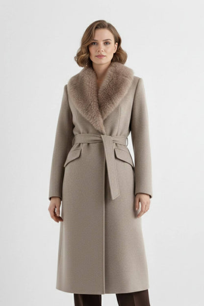 Reassuring Long coat with soft collar and belted waist for women | Caurelle