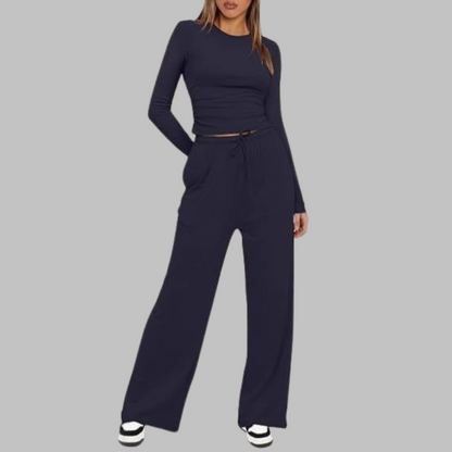 Hampstead Casual Long Sleeve Top And Wide Leg Trousers Set For Women | Eloria