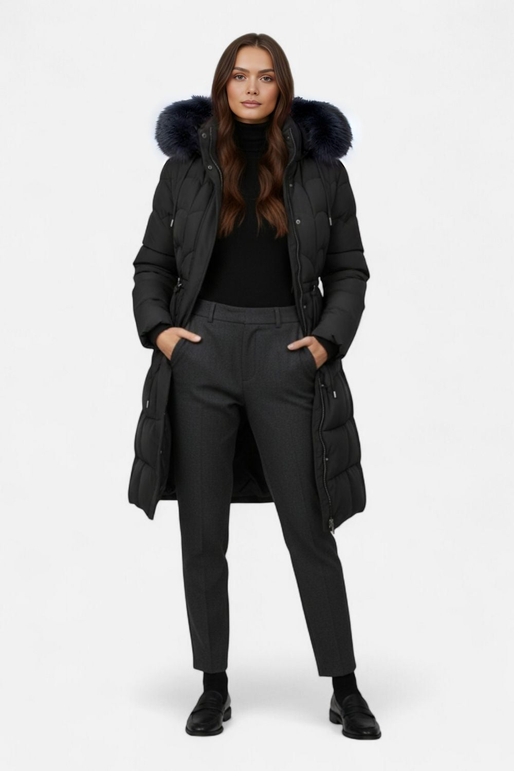Energizing Long puffer coat with hood and adjustable waist for women | Caurelle