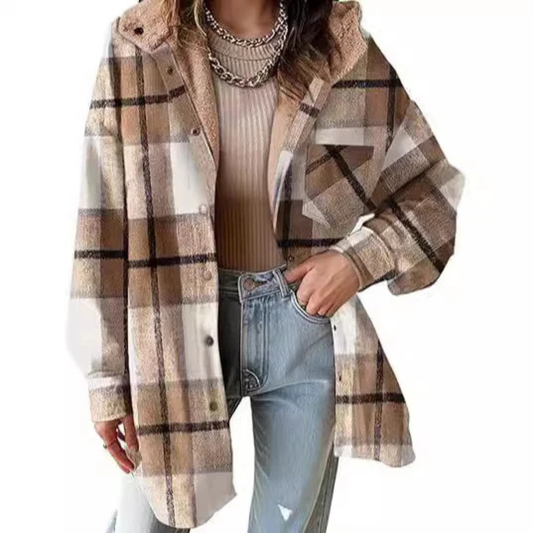 Long Relaxed Fit Hooded Plaid Jacket For Women | Brinley