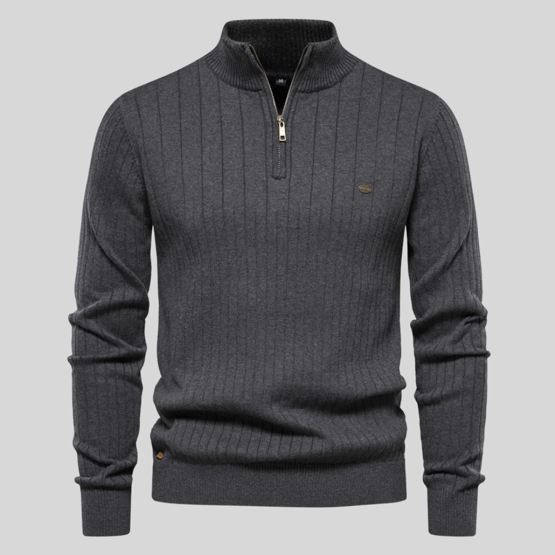 Lavender Ribbed Zip Neck Sweater for Men | Corin