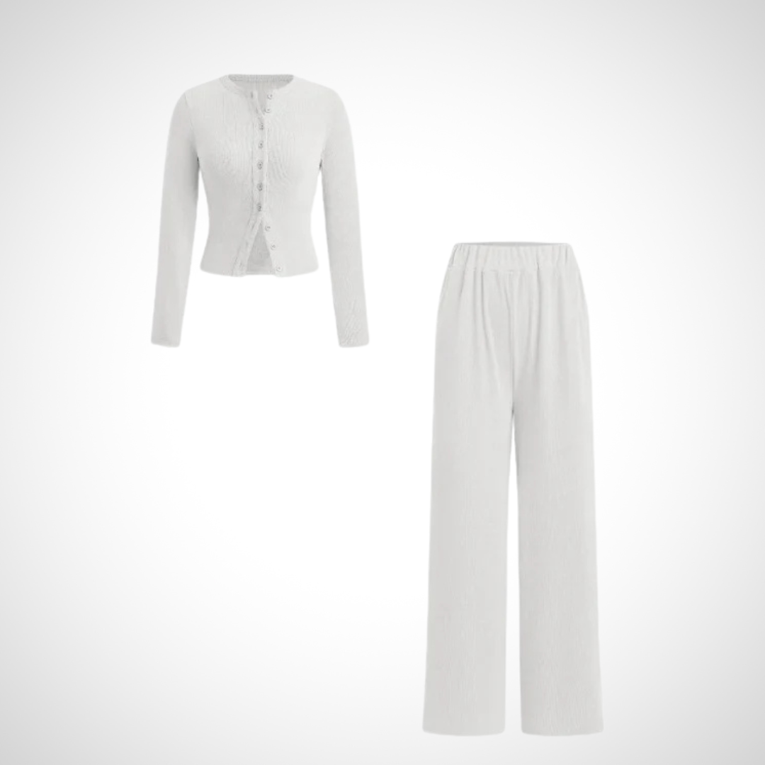Cottage Elegant Button Front Long Sleeve Top And Trousers Set For Women | Arlena
