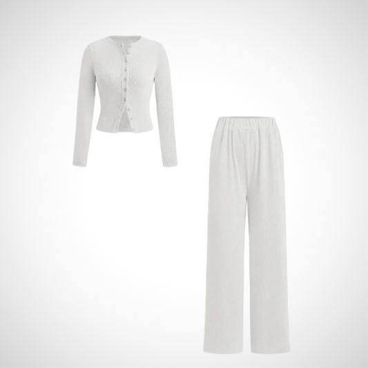 Cottage Elegant Button Front Long Sleeve Top And Trousers Set For Women | Arlena
