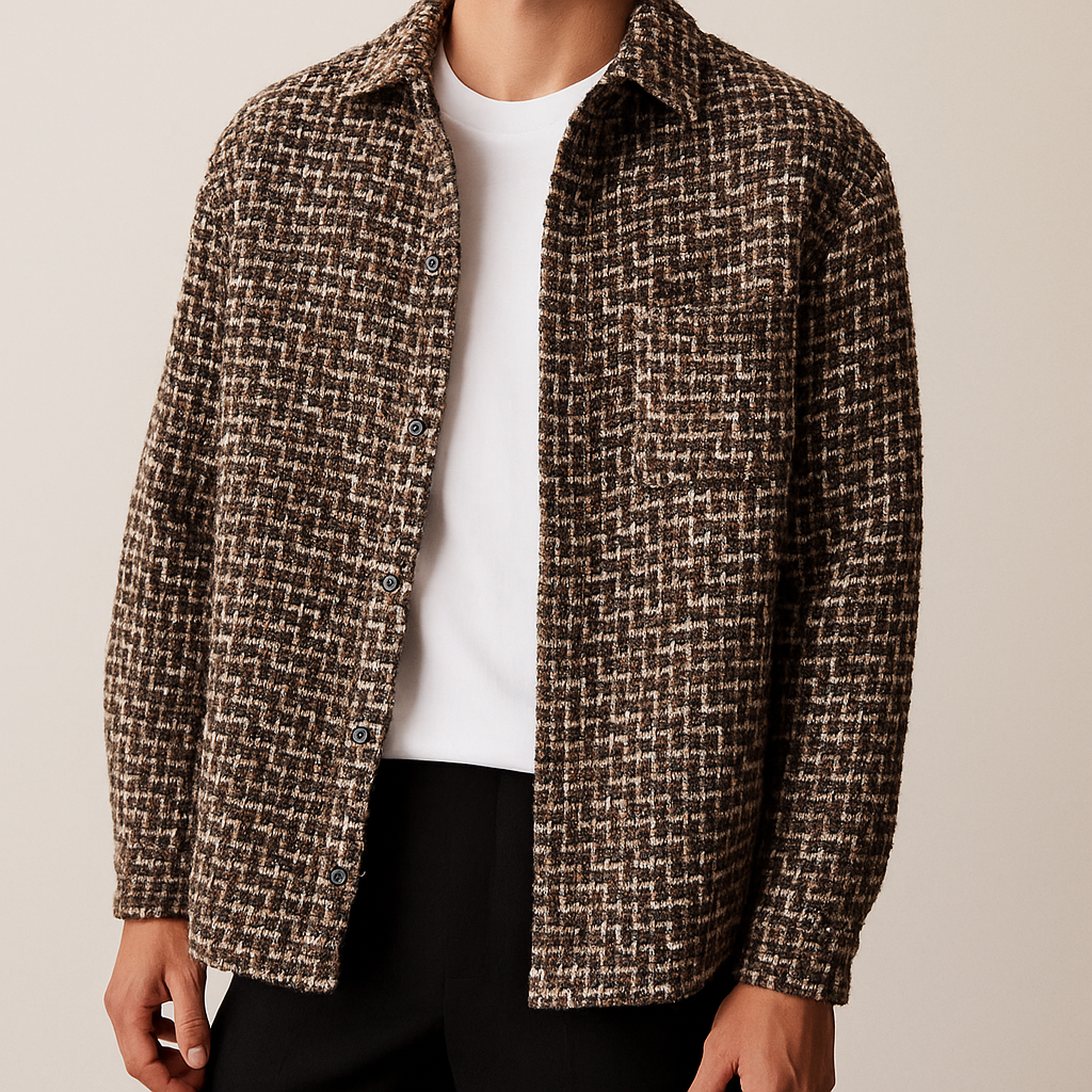 Silken Houndstooth Button Front Overshirt For Men | Victor