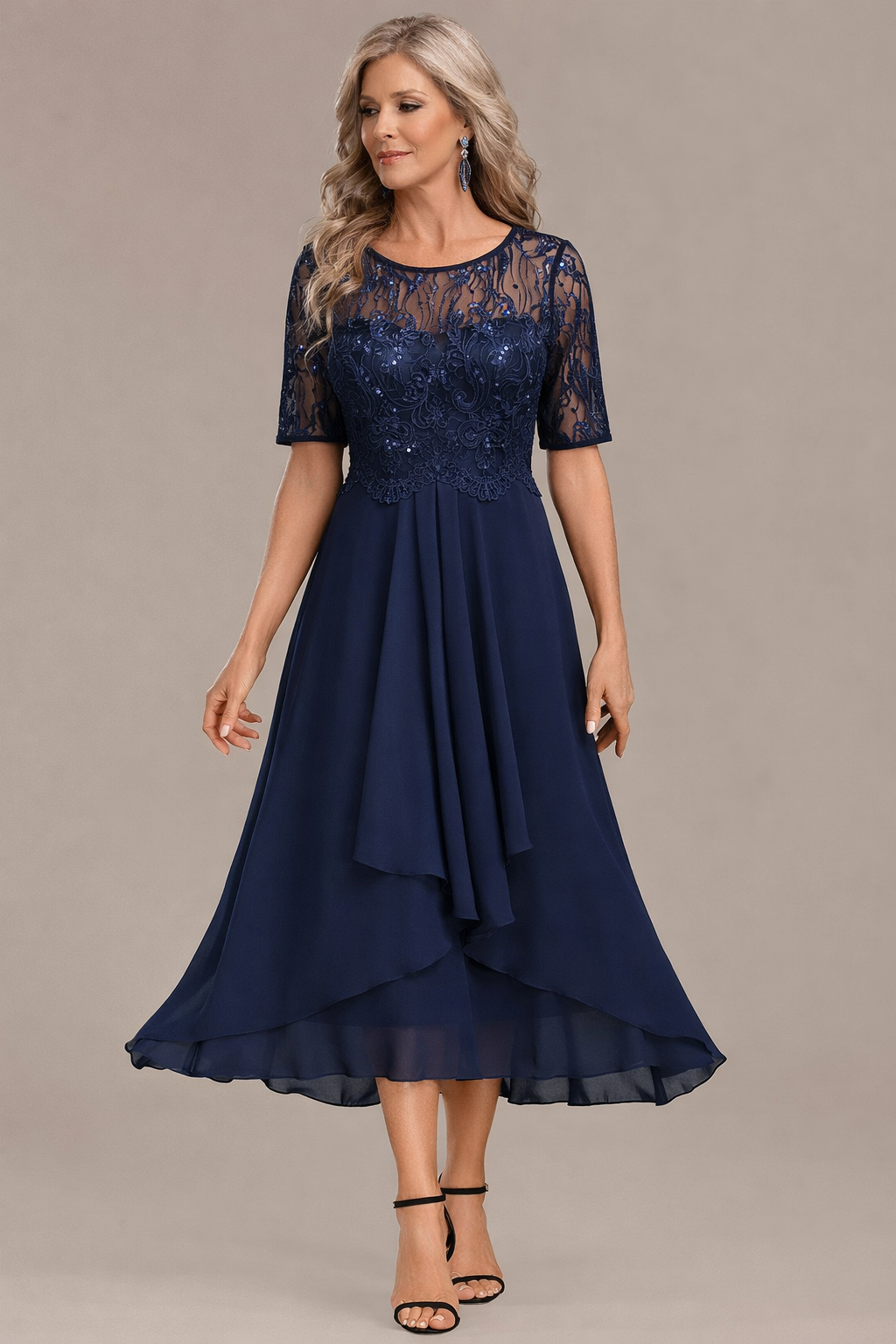 Textured Elegant lace sleeve round neck midi dress for women | Sophie