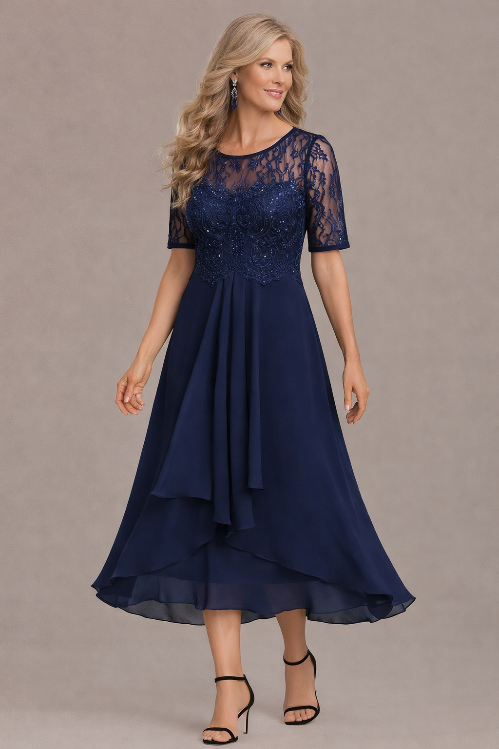 Textured Elegant lace sleeve round neck midi dress for women | Sophie