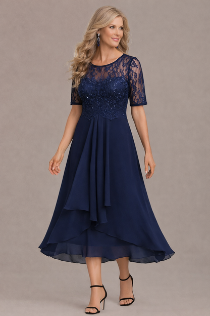 Textured Elegant lace sleeve round neck midi dress for women | Sophie