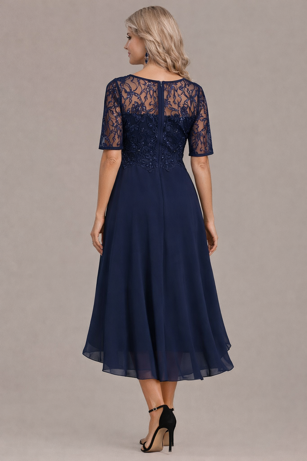 Textured Elegant lace sleeve round neck midi dress for women | Sophie