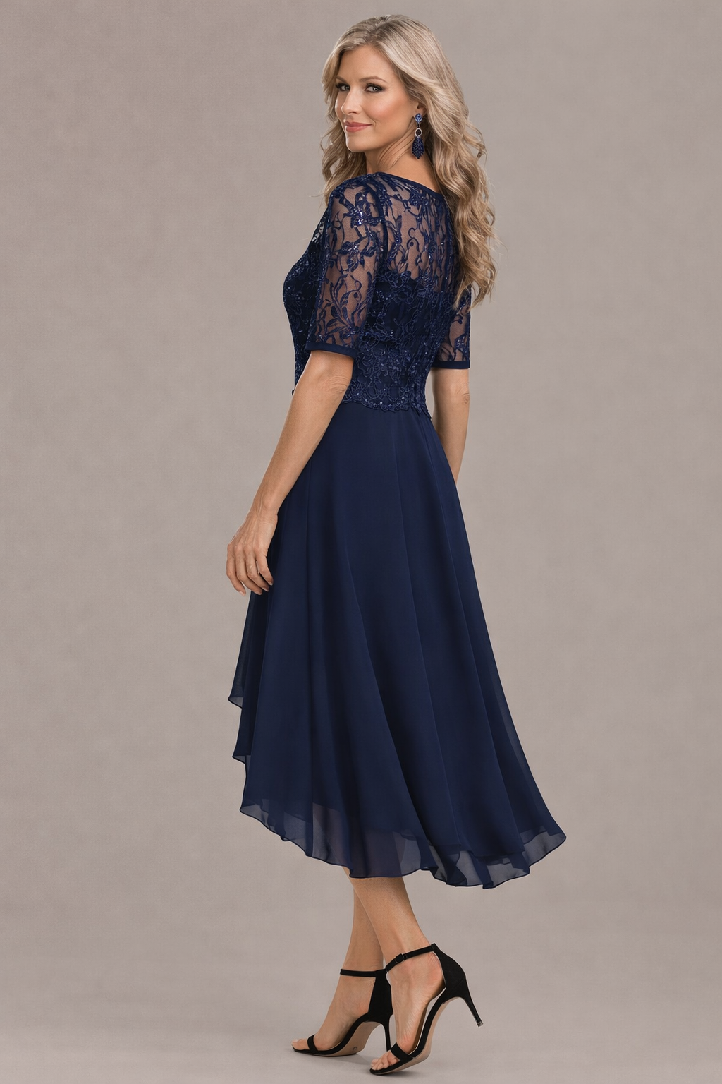 Textured Elegant lace sleeve round neck midi dress for women | Sophie